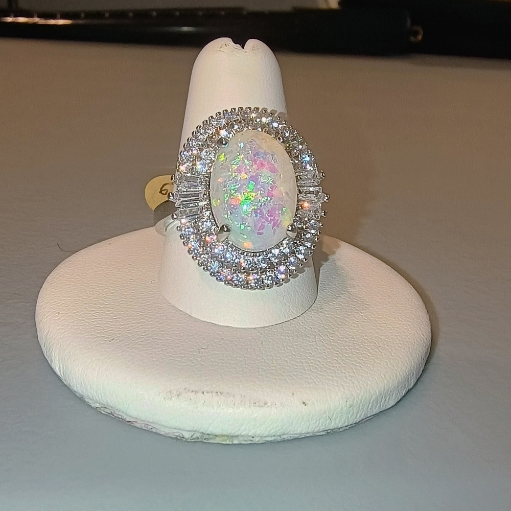 Opal Cocktail Ring With CZ Halo Rhodium Size 6 - Picture 6 of 10